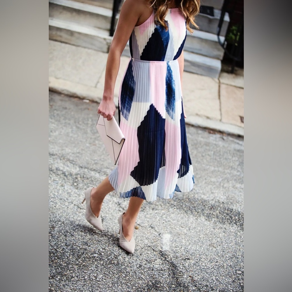 Banana Republic Navy and Pink Pleated Midi Dress